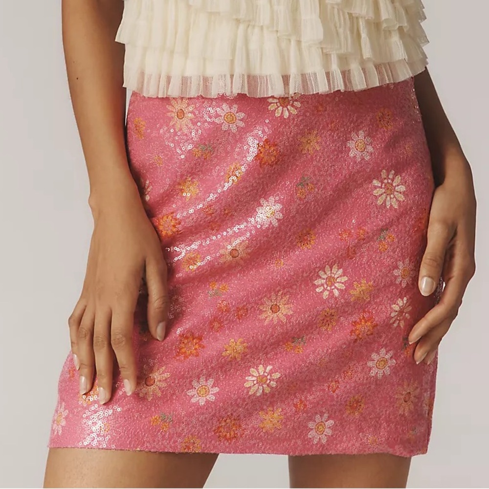FARM Rio Pink Sequin Floral Mini Skirt